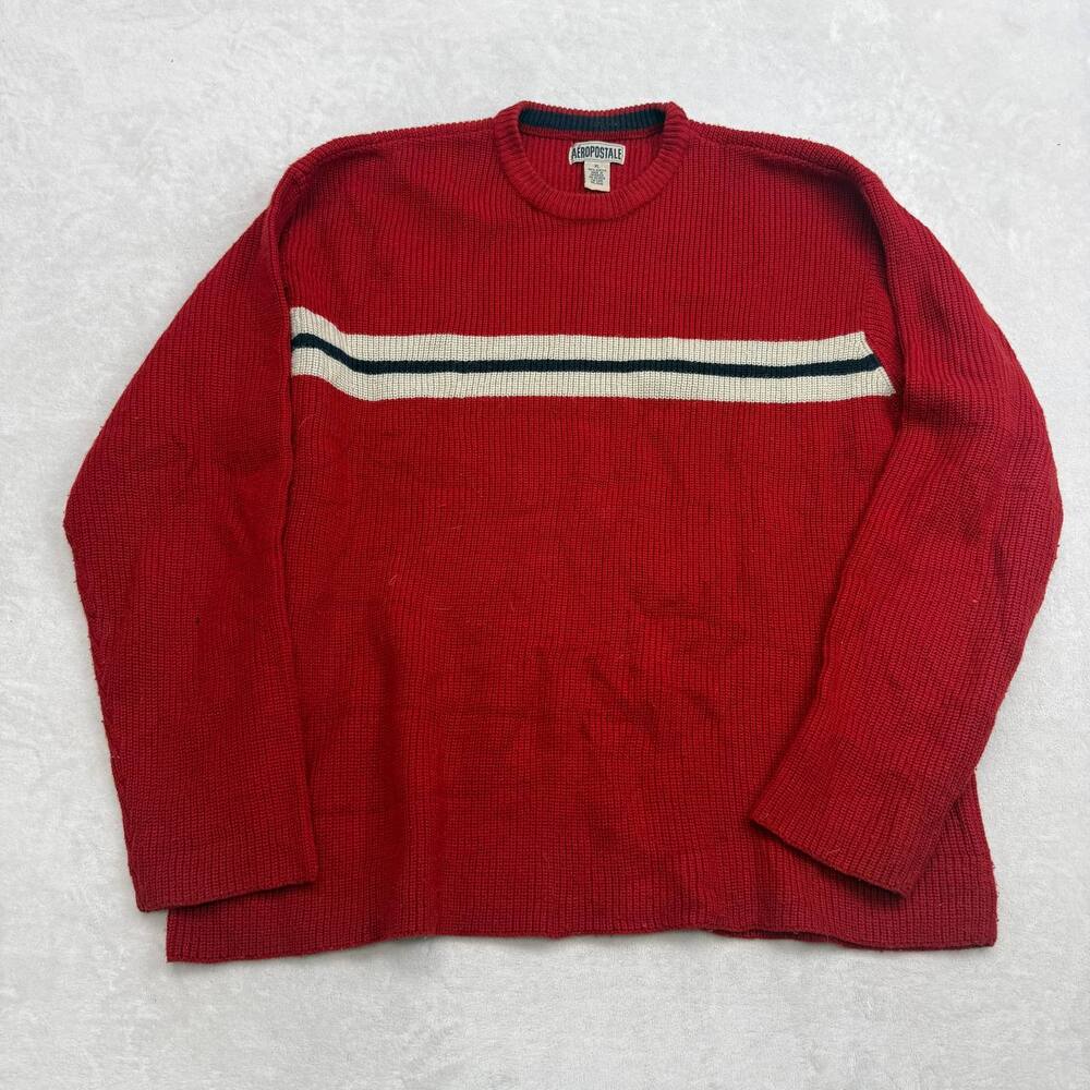 Aeropostale Men's Red Sweater Size XL Acrylic Knitted Striped Pullover Y2K Crew